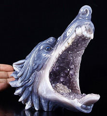 Amazing Flash 7.0" Agate Amethyst Geode Carved Crystal Wolf Sculpture, Realistic