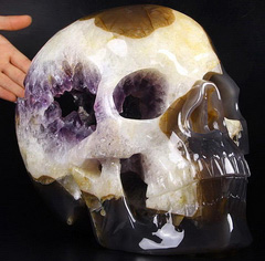 33.5LB Amazing Titan 12.3" Agate Amethyst Geode Carved Crystal Skull, Super Realistic