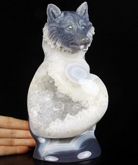 Original Giant 9.3" Agate Geode Carved Crystal Wolf Skull Sculpture, Realistic