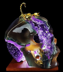 Amazing 7.7" Agate Amethyst Geode Carved Crystal Skull with Gold-Plated Scorpion, Crystal Healing