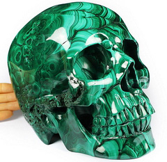 LIFESIZED GEMSTONE 8.0" Malachite Carved Crystal Skull,Super Realistic, Crystal Healing