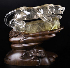GEMSTONE 7.8" Rutilated Quartz Rock Crystal Carved Crystal Leopard Sculpture With Stand, Crystal Healing