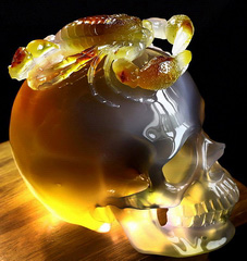 Five Poisons - 4.5" Carnelian Carved Crystal Skull with Scorpion Companion Sculpture, Super Realistic