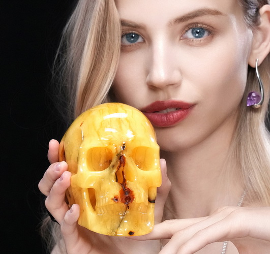 AMAZING Huge 5.1" Baltic Amber Carved Crystal Skull,Super Realistic, Crystal Healing