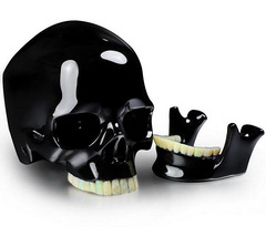AMAZING 5.1" Black Obsidian Carved Crystal Skull with Opal Teeth and Detachable Jaw Sculpture, Crystal Healing