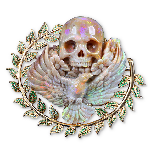 AMAZING 2.3" Australian Opal & 18K Gold inlaid Tsavorite Carved Crystal Skull & Eagle Brooch, Crystal Healing