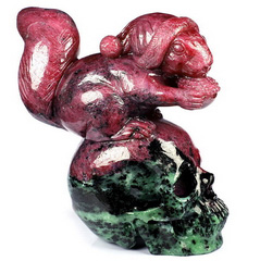 GEMSTONE 5.3" Ruby Zoisite Carved Crystal Skull & Christmas hat Squirrel, Crystal Healing