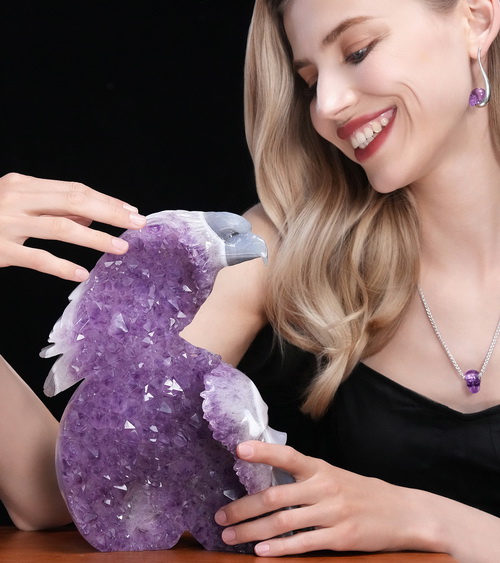 10.0" Agate Amethyst Geode Hand Carved Crystal Skull and Raven Sculpture, Crystal Healing