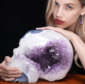 34.6 LB Titan 11.6" Agate Amethyst Geode Hand Carved Crystal Skull, Crystal Healing