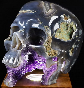 Amazing Geode Lifesized 6.9" Agate Amethyst Geode Carved Crystal Skull,Super Realistic, Crystal Healing