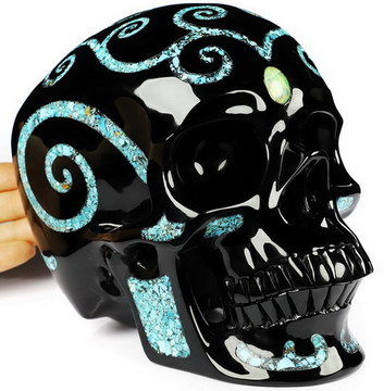 Lifesized 6.9" Black Obsidian & Turquoise Inlay Carved Crystal Skull with Opal Heaven Eye,Super Realistic, Crystal Healing