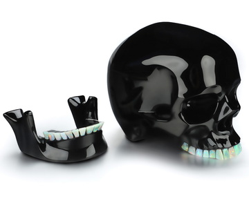 7.2" Black Obsidian Hand Carved Crystal Detachable Skull with Opal Teeth Sculpture, Crystal Healing