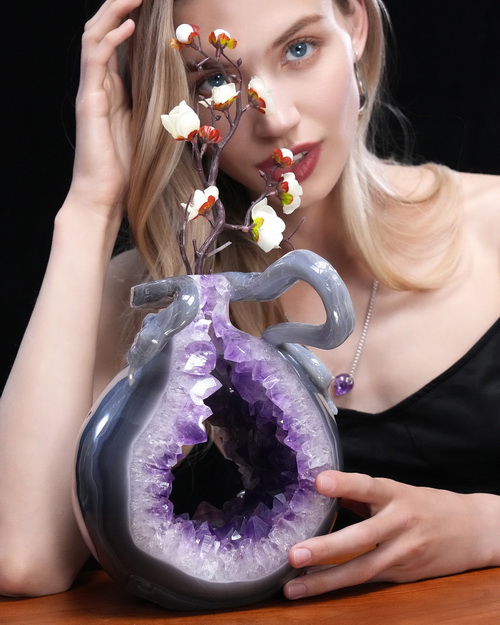8.1" Agate Amethyst Geode Hand Carved Crystal Vase and Snake Sculpture, Crystal Healing