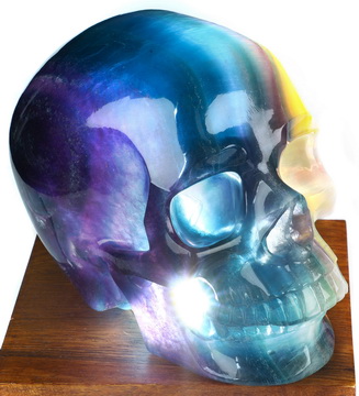 Amazing 6.5" Colorful Fluorite Hand Carved Hollow Crystal Skull Lamp/Light with Led Stand, Super Realistic, Crystal Healing