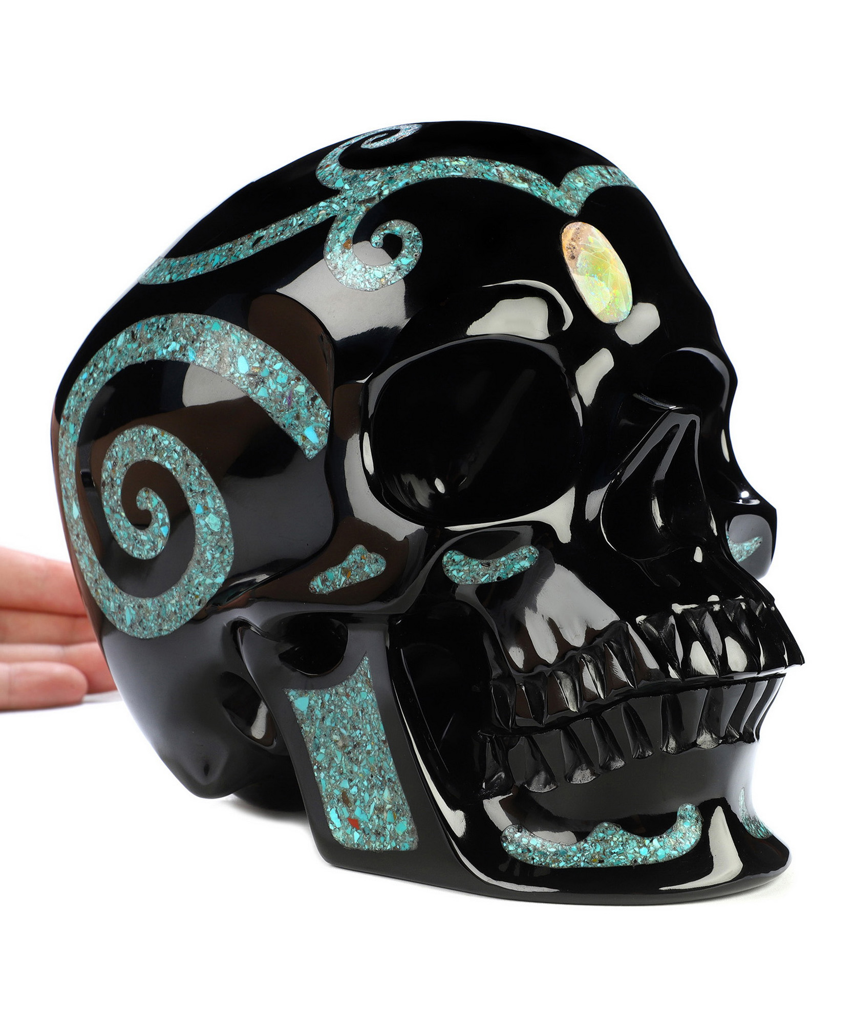 Super Realistic! Lifesized 8.0" Black Obsidian & Turquoise Inlay Hand Carved Crystal Skull with Opal Heaven Eye, Crystal Healing
