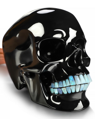 Aug 13, 2026 ACSAD (A Crystal Skull a Day) - Starlight Grin - 8.0 Black Obsidian Hand Carved Crystal Skull with Opal Teeth, Super Realistic, Crystal Healing