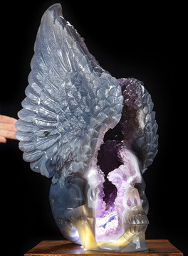 10.7" Agate Amethyst Geode Hand Carved Crystal Skull and Wings Sculpture, Crystal Healing