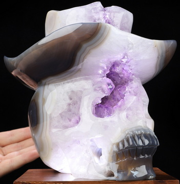 7.6"  Agate Amethyst Geode Hand Carved Hat Crystal Skull Sculpture, Crystal Healing