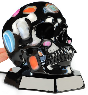 Amazing 8.2" Black Obsidian with Agate Hand Carved Hollow Crystal Skull Lamp with Stand, Crystal Healing