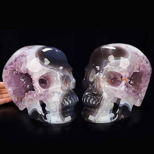 Couple of 7.9" Agate Amethyst Geode Hand Carved Crystal Skulls, Crystal Healing