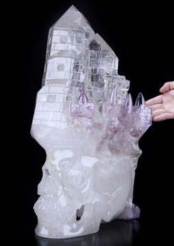 12.6" Amethyst and Quartz Rock Crystal Hand Carved Crystal Skull and Castle Fine Art Sculpture, Crystal Healing