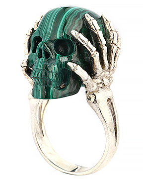 US Size #10.5 Gemstone Malachite Hand Carved Crystal Skull Ring, Skull Jewelry