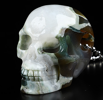 2.0" Indian Agate Carved Crystal Skull Pendant with 925 Sterling Silver Chain, Crystal Healing