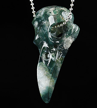 2.3" Green Moss Agate Carved Crystal Skull Pendant with 925 Sterling Silver Chain, Crystal Healing