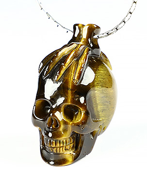 1.3" Gold Tiger's Eye Carved Crystal Skull Pendant, Realistic